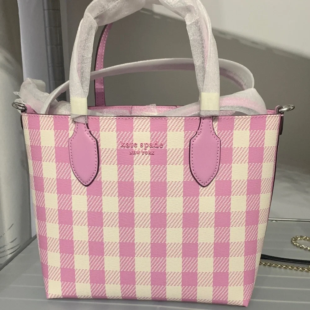 Kate Spade NWT Bleeker, Pink and White Checkered Tote with Crossbody strap